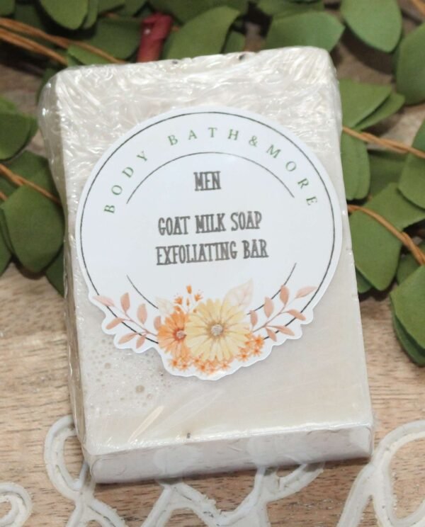 Mens Goat Milk Exfoliating Soap Bar packaged and displayed with logo facing