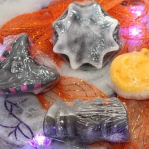 Spider web bar soap and witches hat and jack o lantern bar soaps
