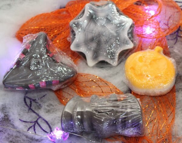 Spider web bar soap and witches hat and jack o lantern bar soaps