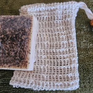 Soap Bag Reusable Beige Showing with Bar Soap for Gentle Exfoliation