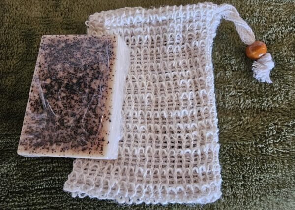 Soap Bag Reusable Beige Showing with Bar Soap for Gentle Exfoliation