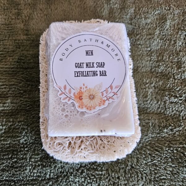 Beige Soap Saver Pad, Draining Surface for Longer-Lasting Soap Showing Packaged Goat MIlk Bar Soap