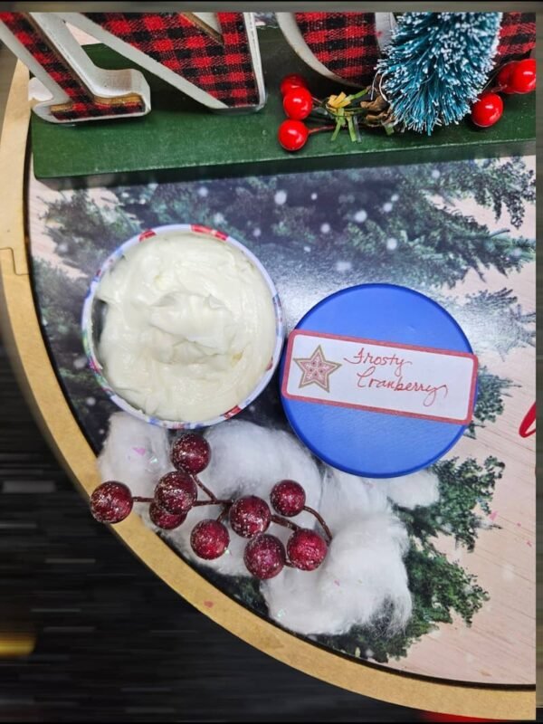 Frosty Cranberry Body Butter in 4oz tin – Festive cranberry vanilla fig scented winter moisturizer.