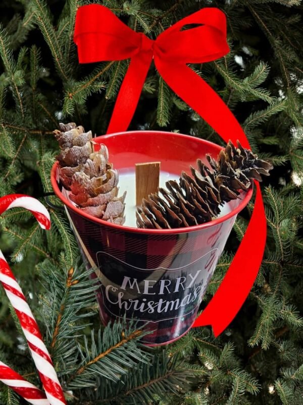 Merry Christmas Candle in a tin with the fresh scent of winter pine, 10oz.